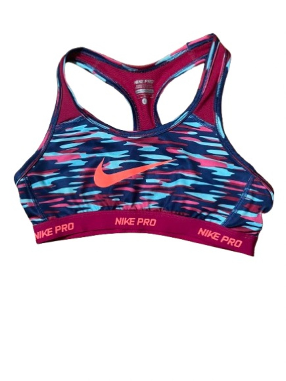 Nike Pro Dri-Fit Pink & Blue Patterned Swoosh Sports Bra Size Large